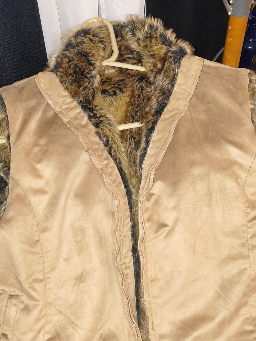 Women's Faux-Suede Tan Vest with Plush Faux-Fur Lining